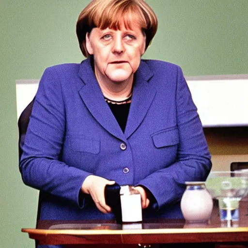 Image similar to angela merkel gopnik style, holding vodka bottle