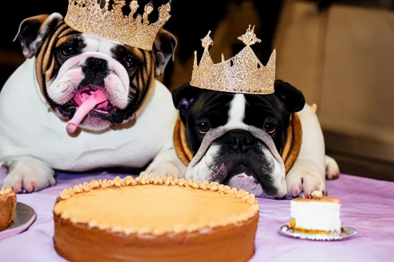 Image similar to an english bulldog wearing a crown and eating cake