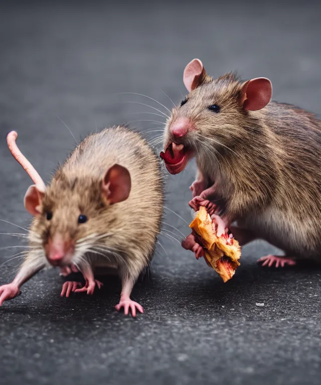 Prompt: high quality presentation photo of vicious anthropomorphic rats with sharp teeth eating meat, photography 4k f1.8 anamorphic bokeh 4k Canon Nikon