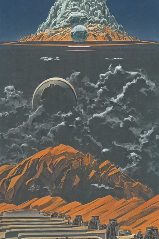 Image similar to Artwork by Chesley Bonestell of the cinematic view of the Hall of Iron Agony, Infernal, Writings.