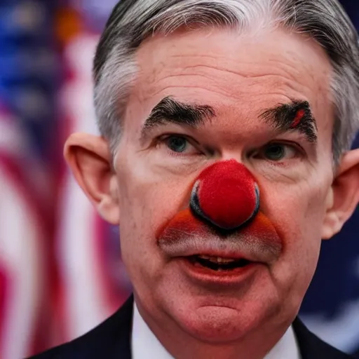 Image similar to Jerome Powell with colorful clown makeup all over his face