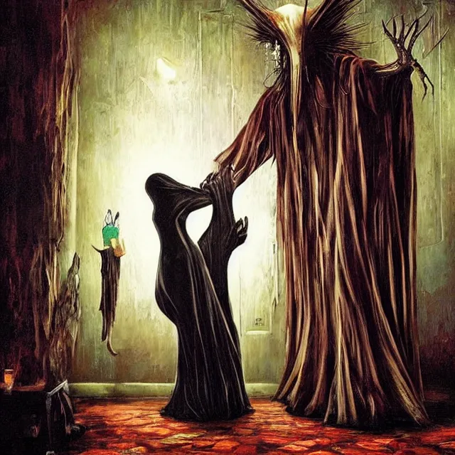 Image similar to a strange creature greeting a female explorer in a dining room, haunted house, masterpiece, grasping pseudopods, rhads!!!, magical realism, urban fantasy, a hooded figure, a fierce woman, ( h. r. giger )