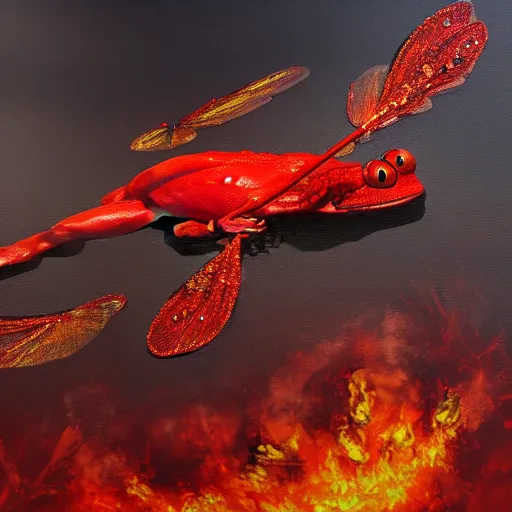 Prompt: giant red frog with giant dragonfly wings flying over a city in flames, photorealism, oil paint, renaissance, 8 k, high detail whide shot