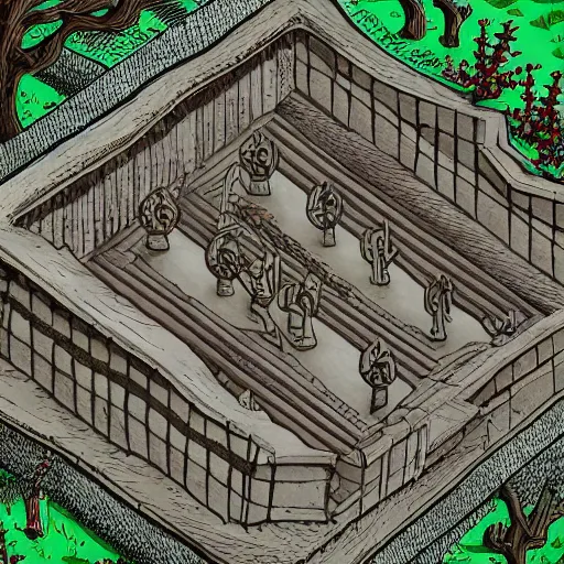 Image similar to medieval cemetery, highly detailed, digital art, isometric