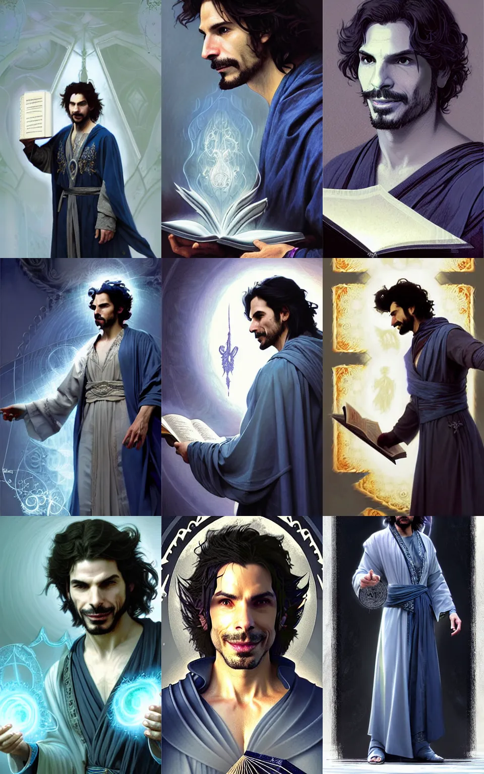 Prompt: character concept portrait of happy santiago cabrera as a wizard enchanting a spell, a floating spell book in the center, intricate silver-embroidered indigo robes, elegant, digital painting, concept art, smooth, sharp focus, illustration, from Metal Gear, by Ruan Jia and Mandy Jurgens and William-Adolphe Bouguereau, Artgerm