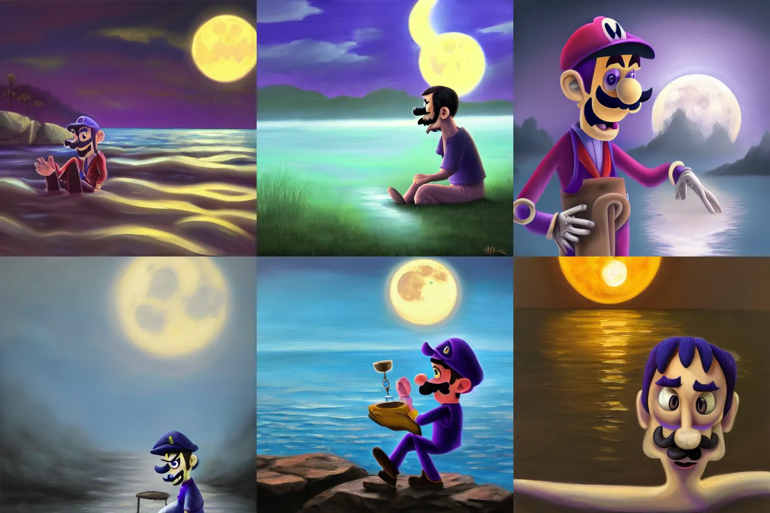 Prompt: Melancholy Waluigi crying under a full moon by water, oil painting, 4k, trending on artstation-W 768