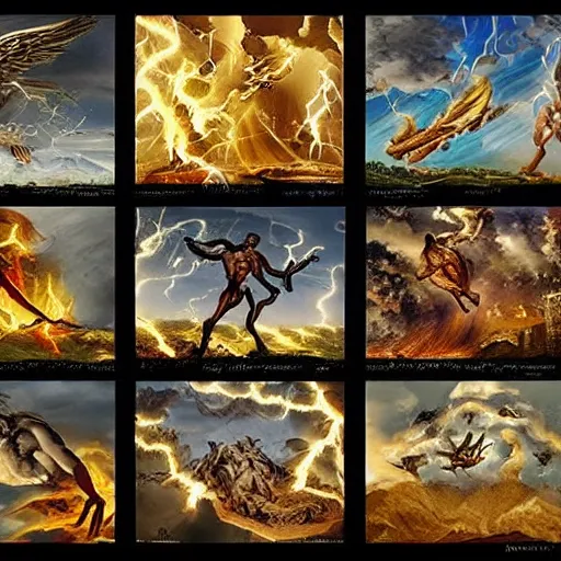 Image similar to zeus throwing down his thunderbolts upon the earth, apocalyptic imagery, anger, nature's cycles, the end and the beginning, renewal, beauty, various angles, various art styles