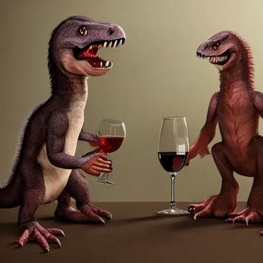 Prompt: two csotonyi paleoart velociraptors toasting glass of wine, wide shot painting by rutkowsky cgsociety artstation deviantart hires uhq 8 k smooth octane render