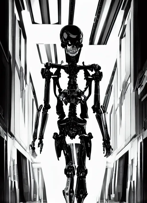 Prompt: skeletal black mecha walking down white marble hallway, Skeletal face android face one eye. mecha (carbon fiber) long limbs black panels reflective. Skeletal face android face one eye ((glowing_red_eye)) RTX On UE5 Artstation Bladerunner_2049_scene!!!!!! Cyberpunk 2077 bladerunner2049!!! bladerunner!!! Tom Bagshaw and Greg Rutkowski and Alphonse Mucha