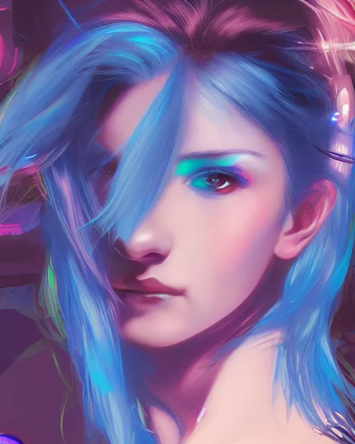 Image similar to pretty girl with blue hair, dj girl, in a club, laser lights background, sharp focus, digital painting, 8 k, concept art, art by wlop, artgerm, greg rutkowski and alphonse mucha