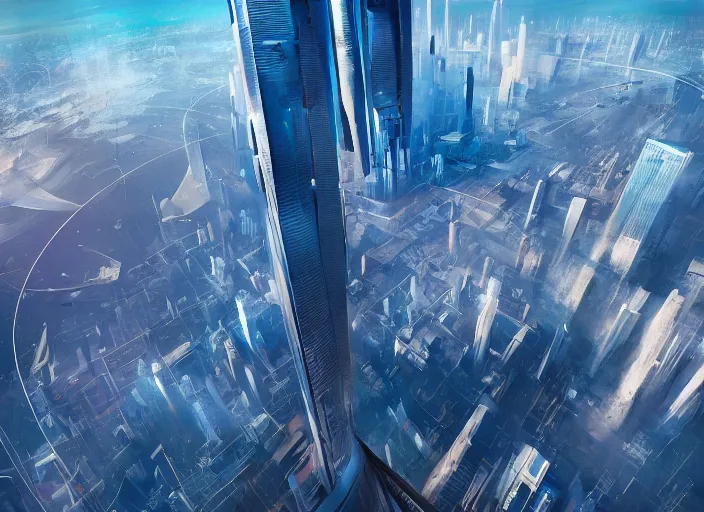 Image similar to painting of a tall futuristic city from above the clouds, intricate abstract. delicate artwork. by Tooth Wu, wlop, beeple, dan mumford. octane render, trending on artstation, greg rutkowski very coherent symmetrical artwork. cinematic, hyper realism, high detail, octane render, 8k, depth of field, bokeh. chrome accents.