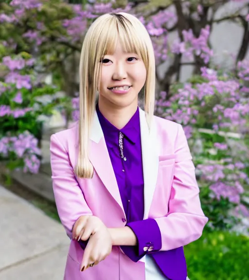 Image similar to a professional portrait photograph of kaede akamatsu, an eighteen year old japanese woman with blonde shoulder length hair, a cowlick, musical note hairpins, a pink blazer, a white backpack, purple contact lenses, and a kind smile, beautiful features, pianist, at her piano