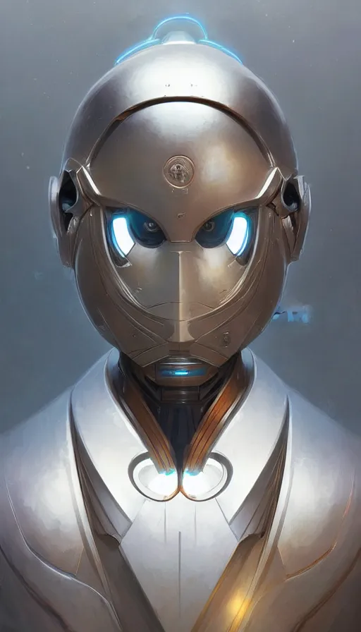 Image similar to Character design of a robot scifi religious monk with helmet, symmetrical, center punched, elegant, intricate, digital painting, artstation, concept art, smooth, sharp focus, illustration, art by artgerm and greg rutkowski and alphonse mucha