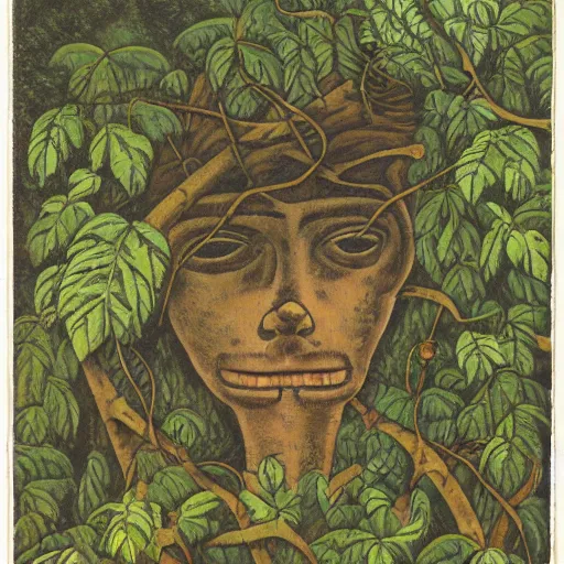 Image similar to head of an ancient floating amongst vines and jungle