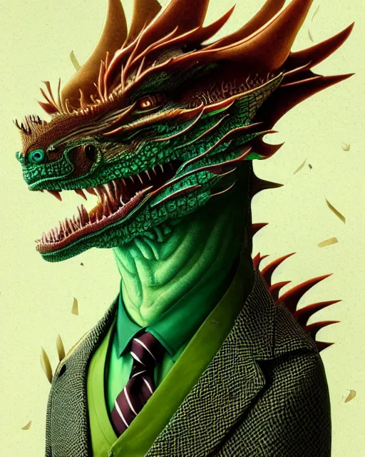 Prompt: anthropomorphic art of a businessman dragon, green dragon, portrait, 1 9 8 0 s business fashion, victo ngai, ryohei hase, artstation. fractal papers, newspaper. stock certificate, highly detailed digital painting, smooth, global illumination, fantasy art, jc leyendecker