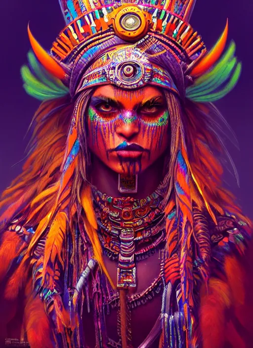Image similar to hyper detailed ultra sharp aztec shaman warrior trance girl. trending on artstation, warpaint aesthetic, bloodwave, colorful, psychedelic, ornate, intricate, digital painting, concept art, smooth, sharp focus, illustration, art by artgerm and greg rutkowski and h. r. giger, 8 k
