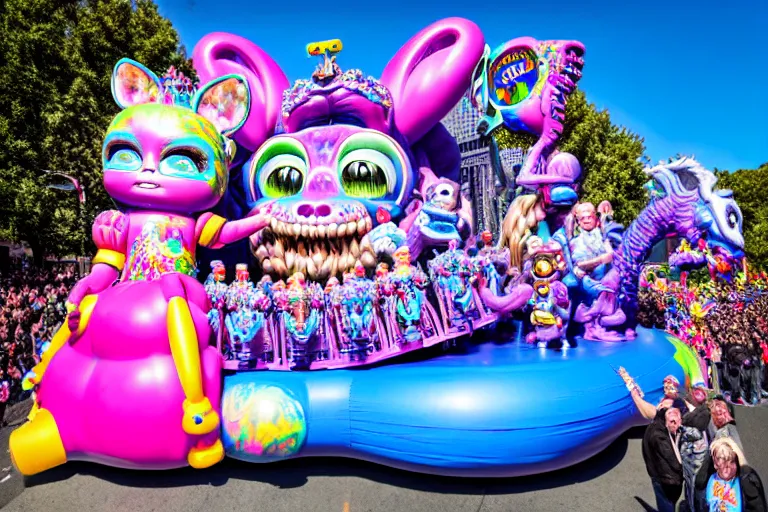 Prompt: photo of giant cute elaborate parade float character designed by ( ( ( ( ( ( ( ( lisa frank ) ) ) ) ) ) ) ) and giger!!!!!!!!!!!!!!, in the macys parade, detailed 4 k photo,