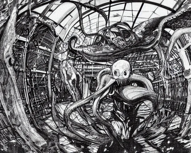 Image similar to camera footage of a extremely aggressive Giant mutated Octopus with glowing white eyes, Human Features, Teeth, in an abandoned shopping mall, Psychic Mind flayer, Terrifying, Silhouette :7 , high exposure, dark, monochrome, camera, grainy, CCTV, security camera footage, timestamp, zoomed in, Feral, fish-eye lens, Fast, Radiation Mutated, Nightmare Fuel, Wolf, Evil, Bite, Motion Blur, horrifying, lunging at camera :4 bloody dead body, blood on floors, windows and walls :5