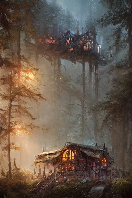 Prompt: a cheerful ramshackle multistory hut in the woods, well armored, intricate, elegant, fantasy, highly detailed, digital painting, concept art, sharp focus, illustration, beautiful volumetric lighting, magic hour lighting, colorful, artstation, art by artgerm and greg rutkowski