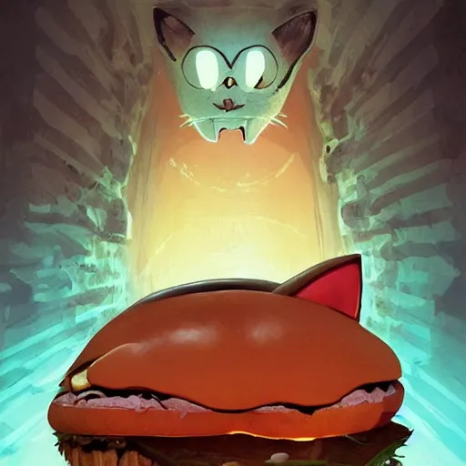 Image similar to deeply scared cat running away from the giant carnivorous sandwich, artstation hq, dark phantasy, stylized, symmetry, modeled lighting, detailed, expressive, true unsimulated emotions, created by hayao miyazaki