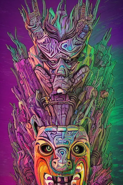 Image similar to totem animal tribal chaman vodoo mask feather gemstone plant wood rock video game illustration vivid color borderlands by josan gonzales and dan mumford radiating a glowing aura