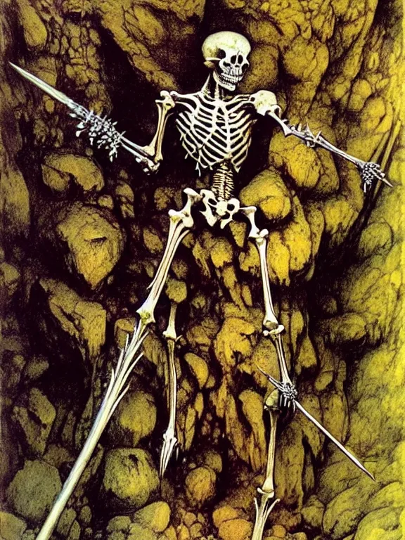 Prompt: A little vibrant. A spiked detailed semiork-semihuman skeleton with armored joints stands in a large cave with halberd in hand. Massive shoulderplates. Extremely high details, realistic, fantasy art, solo, masterpiece, bones, ripped flesh, colorful art by Zdzisław Beksiński, Arthur Rackham, Dariusz Zawadzki, Harry Clarke