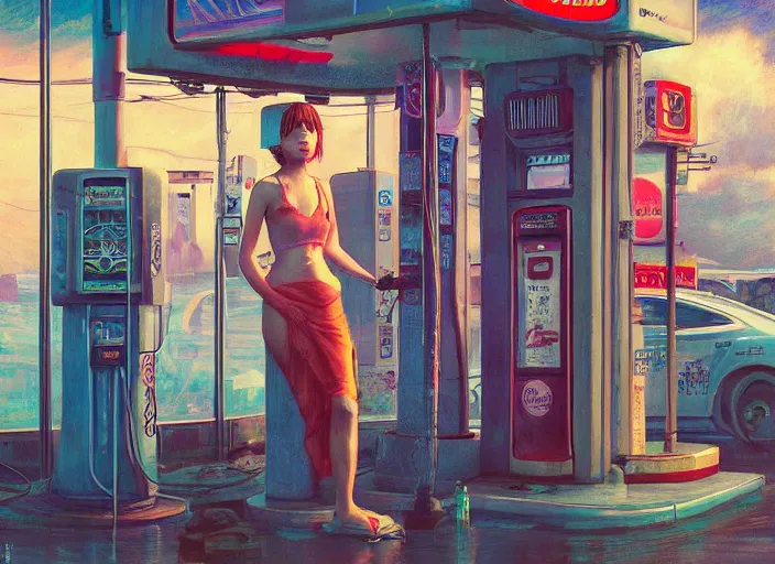 Image similar to people exterior gas station, cyberpunk neon ads, in the style of jeremy enecio, intricate, miles johnston, monet, cynical realism, john william godward, painterly, yoshitaka amano, miles johnston, louise zhang, pekka halonen, finnish naturalism, realism