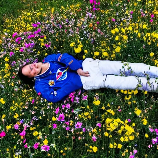 Image similar to an astronaut lying in field of flowers.