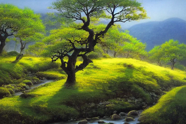 Prompt: masterpiece painting of oak trees on a hillside overlooking a creek, dramatic lighting, by kazuo oga