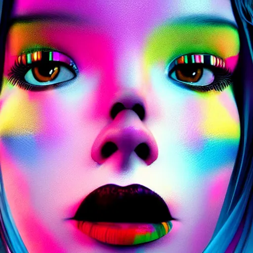 Prompt: A close-up of a beautiful girl with a surreal makeup full of colors and stripes, octane render, details visible, cyberpunk vibes, neons on the background