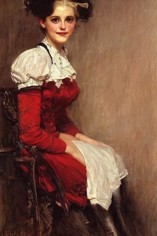 Prompt: Louis Marie De Schryver and Solomon Joseph Solomon and Richard Schmid and Jeremy Lipking victorian genre painting full length portrait painting of a young beautiful woman traditional german french barmaid in fantasy costume, red background