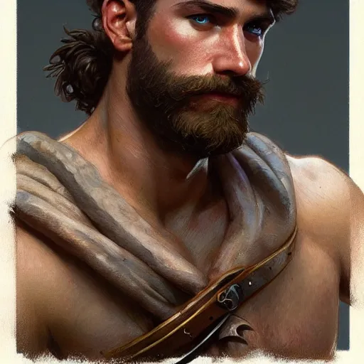 Image similar to portrait of a young rugged ranger, muscular, bust, hairy chest, D&D, fantasy, intricate, cinematic lighting, highly detailed, digital painting, artstation, concept art, smooth, sharp focus, illustration, art by Artgerm and Greg Rutkowski and Alphonse Mucha