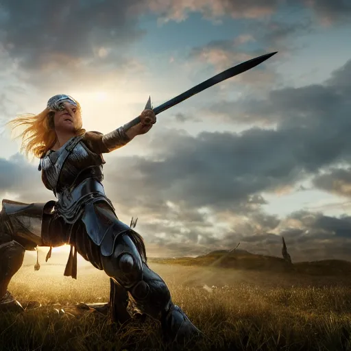 Image similar to A valkyrie clad in armor; pointing her spear in the sky, 4k resolution, sunlight, norse, photorealistic detail, battlefield, destruction,