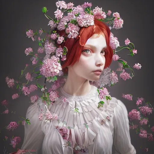 Image similar to the portrait of an absurdly beautiful, graceful, elegant, sophisticated, fashionable little girl made of strawberries and white petals looking down, an ultrafine hyperdetailed illustration by kim jung gi, irakli nadar, intricate linework, bright colors, octopath traveler, final fantasy, unreal engine 5 highly rendered, global illumination, radiant light, detailed and intricate environment