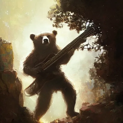 Prompt: realistic bear playing futuristic minimalistic primitive forms guitar, fantasy character portrait by Greg Rutkowski, Craig Mullins, Gaston Bussiere