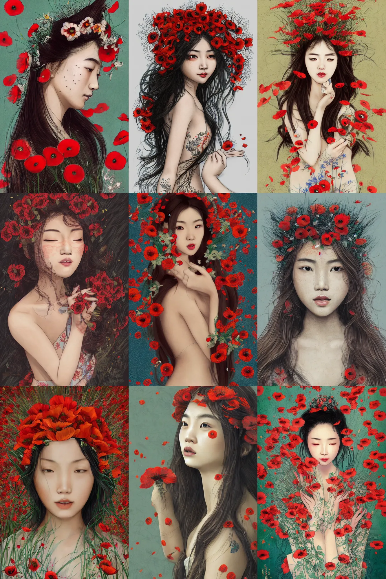 Prompt: Illustration of a beautiful asian girl with freckles, wearing a flower headpiece made of red poppies, long flowy hair, koi tattoo on her body, surrounded by big flowers, porcelain skin, cinematic lighting, photo realistic, cinematic lighting, bokeh, warm lights, highly detailed, maya, digital painting, artstation, concept art, sharp focus, illustration, by Mucha, Raphael, Caravaggio, Beksinski, Giger