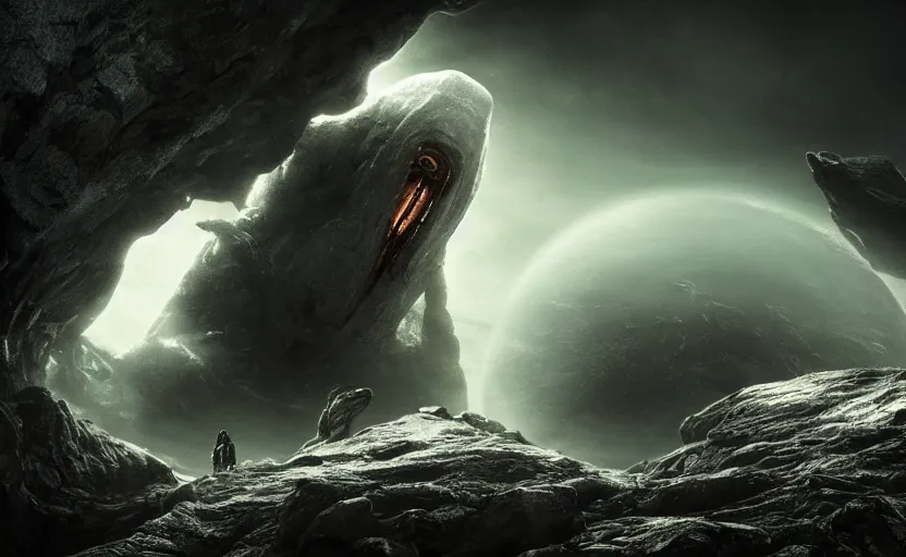 Prompt: an extraterrestrial spaceship exiting the end of the worm hole with planet earth in sight, in the style of prometheus, epic scene, extremely detailed masterpiece, extremely moody lighting, glowing light and shadow, atmospheric, shadowy, cinematic, god lighting