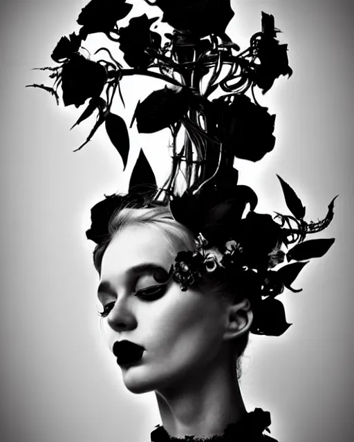 Prompt: dreamy surreal poetic black and white photo of a beautiful young female-cyborg-plant with a very long neck and a super big gothic lace collar and a very high big floral crown with many black dry roses by Vivienne Westwood:: smoke, high fashion, haute couture, rococo, avant-garde, elegant, dreamy, hyper realistic, 150 mm lens, soft rim light, octane render, unreal engine, picture was taken in 1910 by Dora Maar, volumetric lighting, dramatic light,8k,