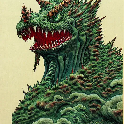 Image similar to prompt : portrait of kaiju character painted in miyazaki color style drawn by katsuhiro otomo and takato yamamoto, inspired by fables, china doll face, smooth face feature, intricate oil painting, high detail, sharp high detail, manga and anime 2 0 0 0