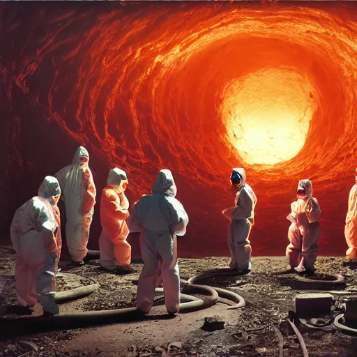 Image similar to wide - shot photo of a group of scientists in hazmat suits, studying a hell open rift portal, by shaun tan, codachrome, hellish, unsettling, otherworldly, smoke, machines, 8 k, hd, highly detailed,