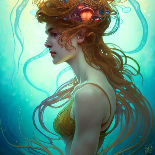 Prompt: Portrait of a girl underwater surrounded by jellyfish, face, fantasy, intricate, elegant, highly detailed, digital painting, artstation, concept art, smooth, sharp focus, illustration, art by Fernanda Suarez and Artem Demura and alphonse mucha