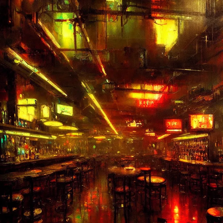 Image similar to neon bar interior by jeremy mann greg rutkowski beautiful detailed painting