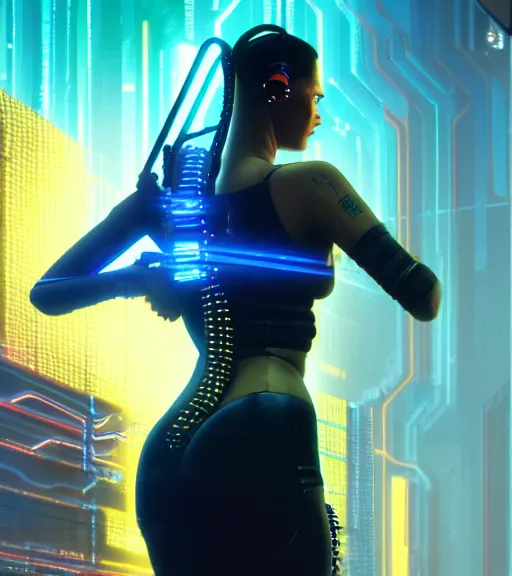 Image similar to cable plugged into cyberdeck, back of head, cyberpunk woman, computer, netrunner, 1 9 7 9 omni magazine cover, style by vincent di fate, cyberpunk 2 0 7 7, 4 k resolution, unreal engine, daz