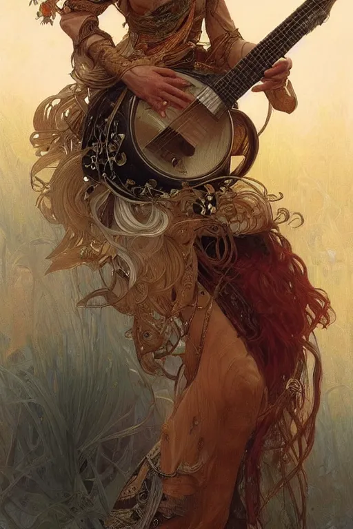 Image similar to portrait of a druid playing an electronic!!-musical-instrument, intricate, stunning, highly detailed, digital painting, artstation, concept art, smooth, sharp, focus, illustration, art by artgerm and greg rutkowski and alphonse mucha