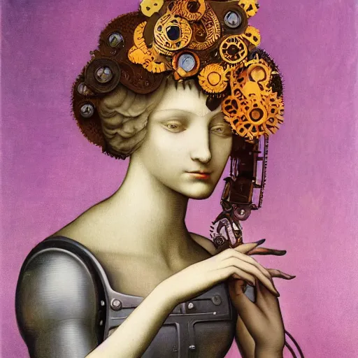 Image similar to portrait of a beautiful young cyborg woman with a big steampunk flower crown and part mechanical face , Metropolis, by Leonardo Da Vinci in the style of Man Ray