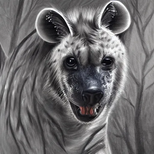 Prompt: highly detailed charcoal painting of a devilish hyena in the woods