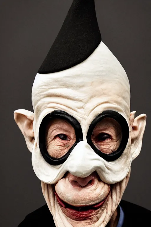 Prompt: portrait photo of an old wrinkled man, skinny face, bony face, long crooked nose, large gaping mouth, black pulcinella mask, masquerade mask, pointy conical hat, white wrinkled shirt, holding up a pizza, presenting a large pizza, close - up, skin blemishes, menacing, intimidating, masterpiece by peter lindbergh