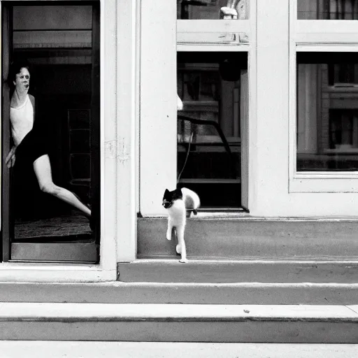 Prompt: detailed professional photographic portrait of Sigourney Weaver wearing a white singlet and her cat moving apartment New York City 1983, building entrance way Art Deco,, cinematic feel, high octane