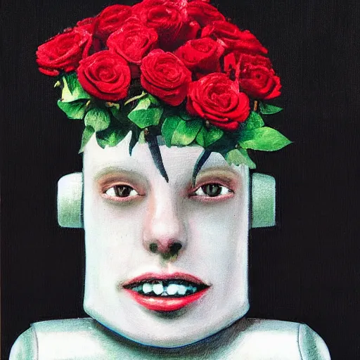 Image similar to a portrait of a robot wearing a hat full of roses, by Otto Eerelman