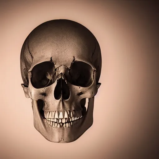 Prompt: photograph of human skull, soft shadows